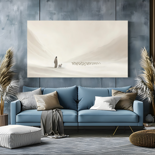 Blue sofa with decorative pillows in a living room setting, featuring a large abstract painting on the wall.