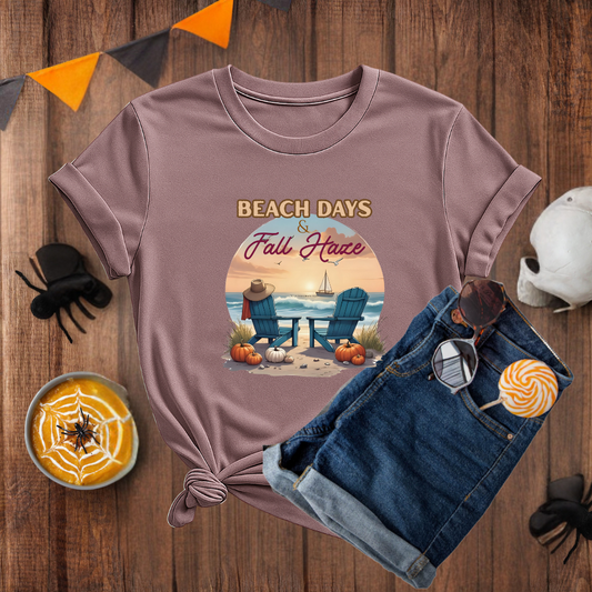 T-shirt with 'Beach Days & Fall Have' design on a wooden surface with Halloween decorations.