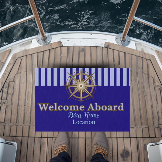 Personalized Nautical Welcome Aboard mat – Custom Boat Name & Location Rug