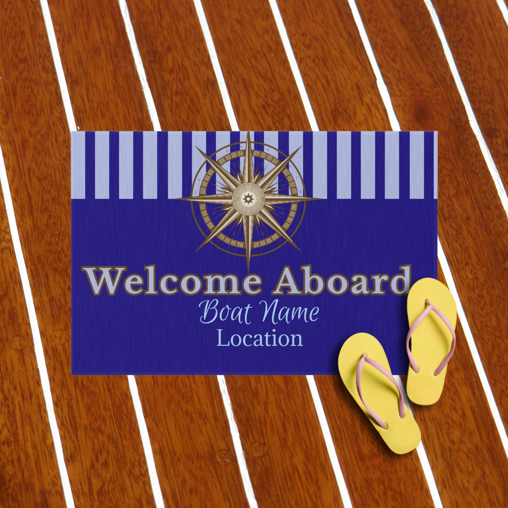 Personalized Nautical Welcome Aboard mat – Custom Boat Name & Location Rug