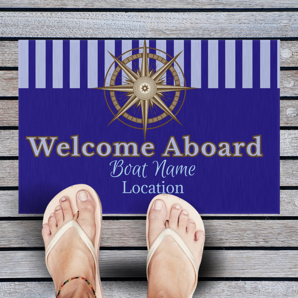Personalized Nautical Welcome Aboard mat – Custom Boat Name & Location Rug