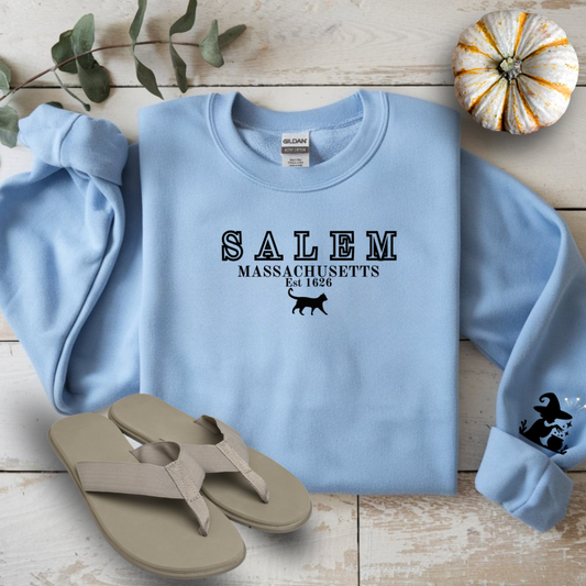 Light blue sweatshirt with 'Salem, Massachusetts' text and black cat silhouette on a wooden surface with flip-flops and a small pumpkin.