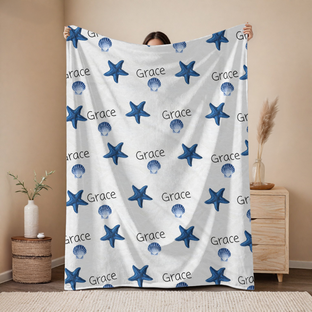 Personalized Blue Starfish Blanket – Coastal Name Blanket with Seashells
