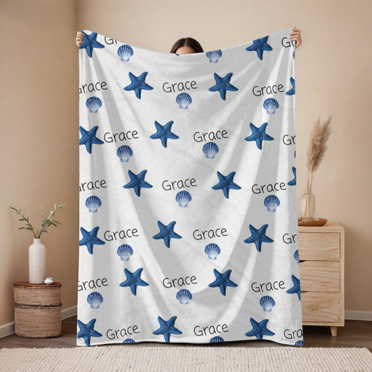 Personalized Blue Starfish Blanket – Coastal Name Blanket with Seashells