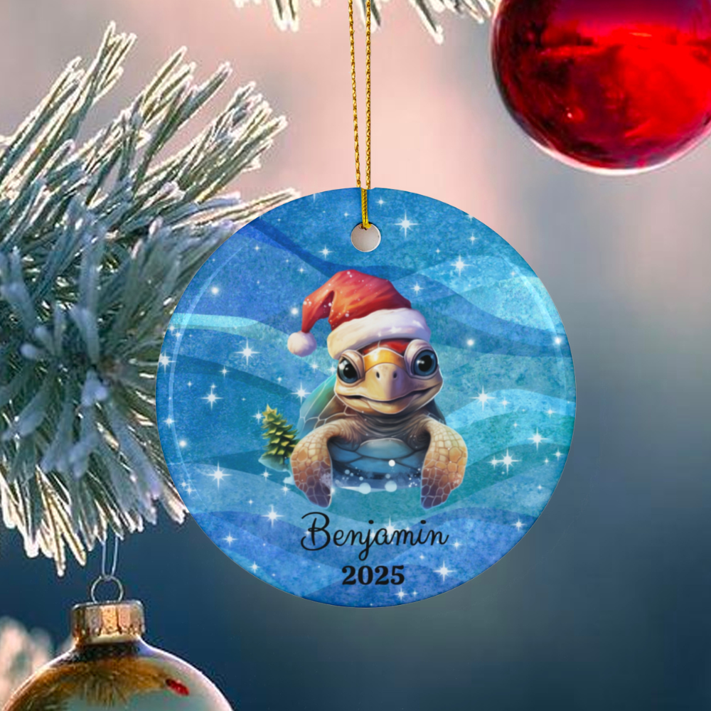 Christmas ornament with a turtle wearing a Santa hat, hanging on a tree.