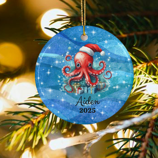 Personalized Octopus Christmas Ornament 2025 – Coastal Ocean Holiday Keepsake with Name
