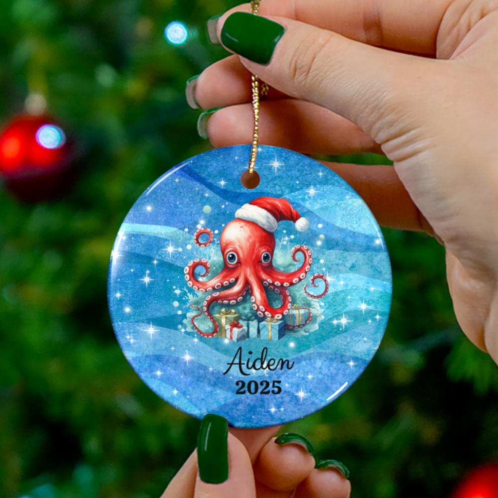 Personalized Octopus Christmas Ornament 2025 – Coastal Ocean Holiday Keepsake with Name