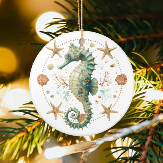 Decorative Christmas ornament with a seahorse design on a branch with lights.