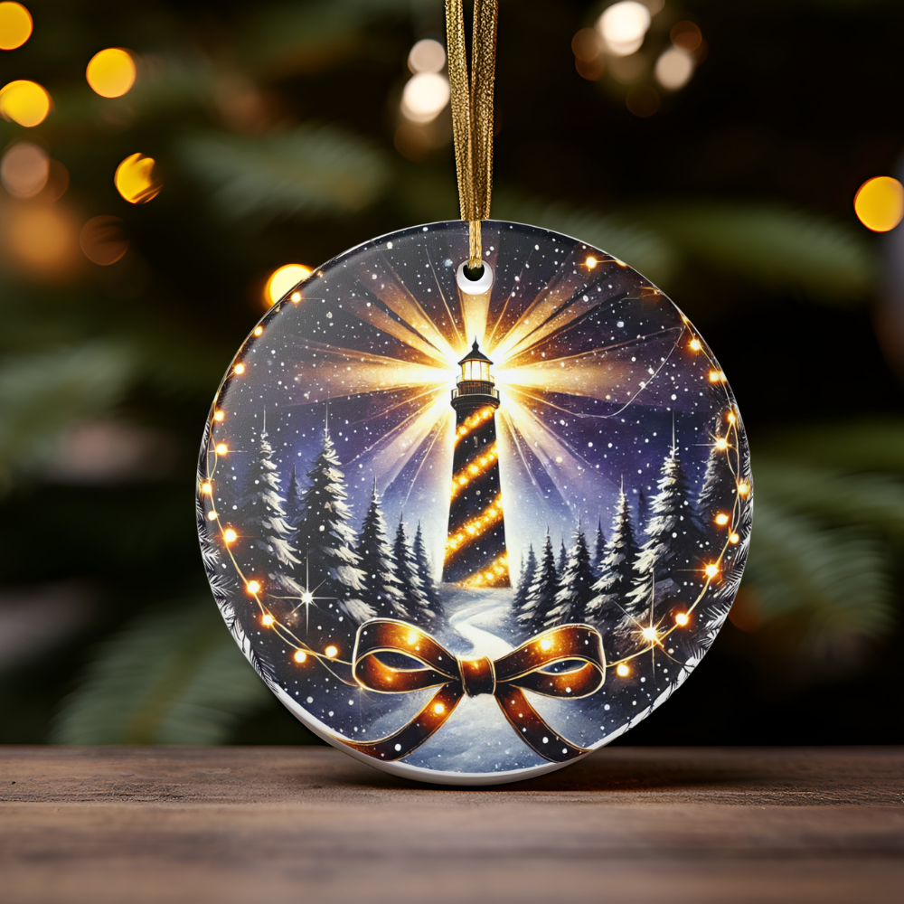 Decorative Christmas ornament with a lighthouse and bow design on a wooden surface with blurred lights in the background.