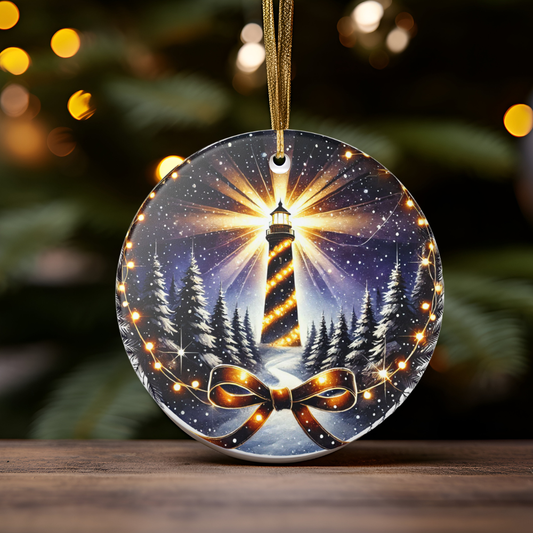 Decorative Christmas ornament with a lighthouse and bow design on a wooden surface with blurred lights in the background.