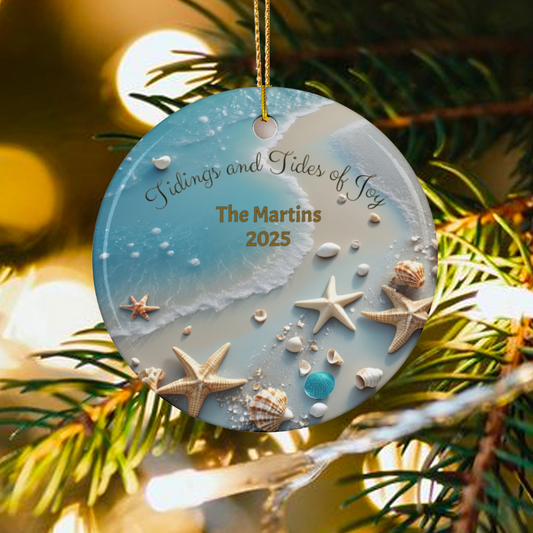 Decorative ornament with beach theme and personalized text hanging on a Christmas tree.