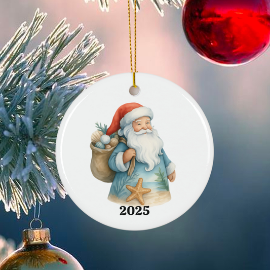 Coastal Santa Ornament 2025 – Beach Christmas Ceramic Ornament with Seashells and Starfish