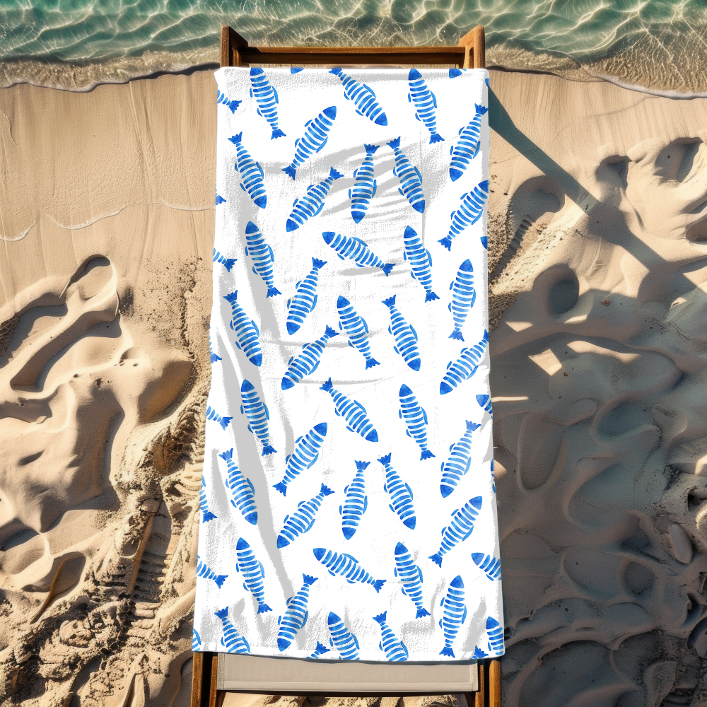 Blue Striped Fish Beach Towel – Sand-Free, Quick Dry, Extra Absorbent