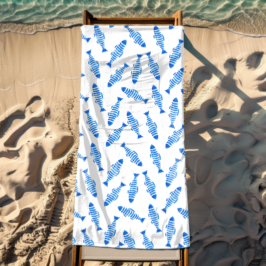 Blue Striped Fish Beach Towel – Sand-Free, Quick Dry, Extra Absorbent