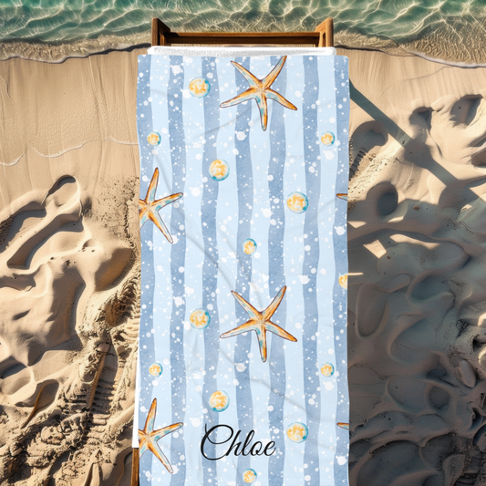 Personalized Starfish Beach Towel – Coastal Blue Stripes