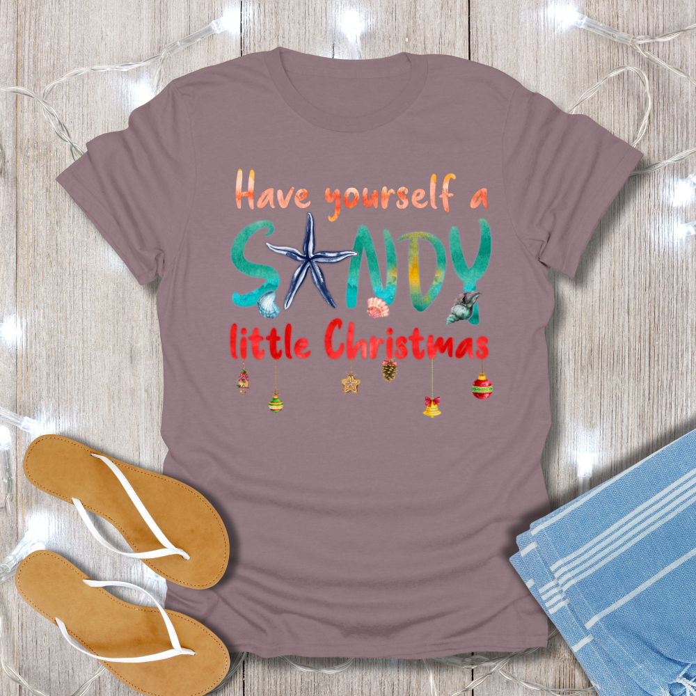 Purple t-shirt with 'Have yourself a SANDY little Christmas' text on a wooden surface with beach-themed items.