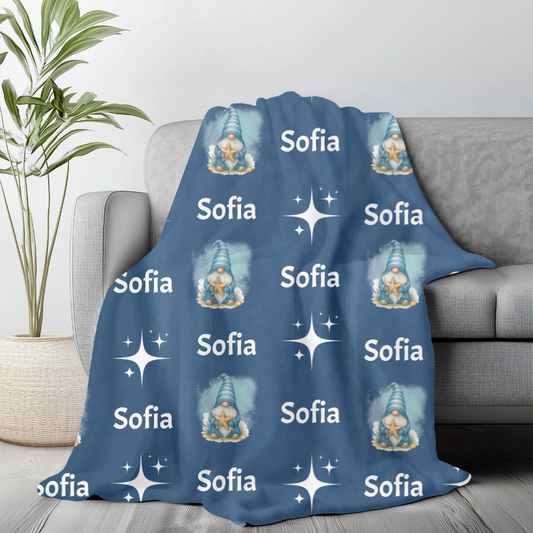 Personalized Coastal Christmas Gnome Blanket – Custom Name Plush Throw (5 Color Options)