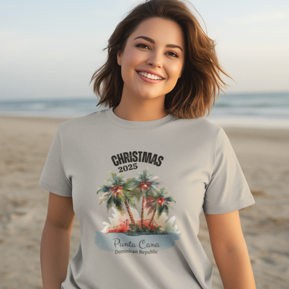 Woman wearing a Christmas 2025 Punta Cana t-shirt on a beach