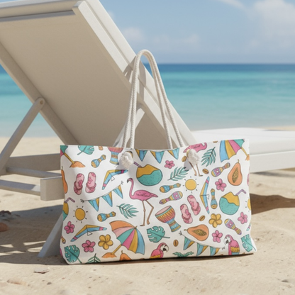 Tropical Summer Weekender Bag – Beach Travel Tote with Flamingos, Fruits & Coastal Icons