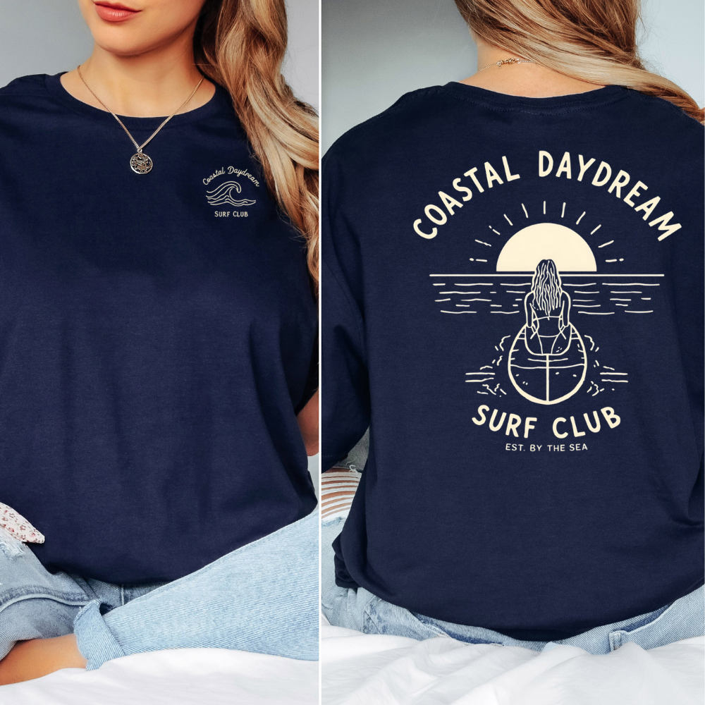 Navy blue sweatshirt with 'Coastal Daydream Surf Club' design on front and back