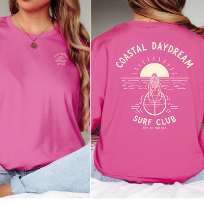 Pink t-shirt with 'Coastal Daydream Surf Club' design on the back