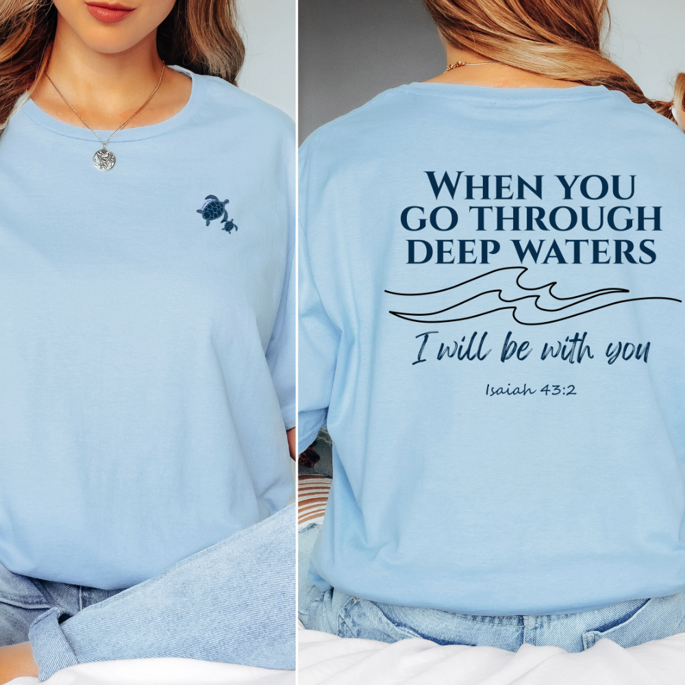 Light blue sweatshirt with text and graphic design on front and back