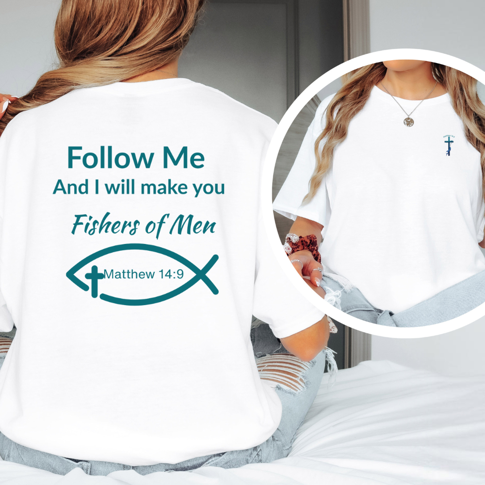 White t-shirt with religious text and symbol, worn by a person.