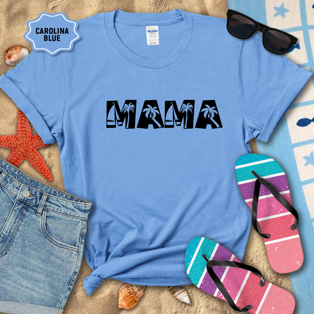 Blue t-shirt with 'MAMA' text, sunglasses, and flip-flops on a beach setting