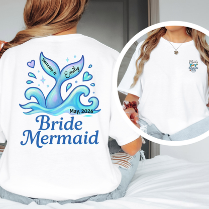 White t-shirt with 'Bride Mermaid' design and personalized text, worn by a person.