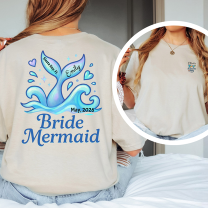 Beige t-shirt with 'Bride Mermaid' design and personalized text, worn by a person.