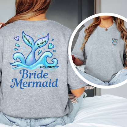 Gray t-shirt with 'Bride Mermaid' design and personalized text on the back, worn by a person.