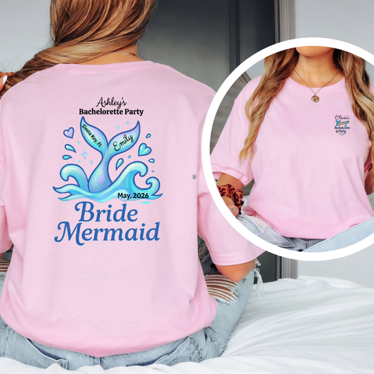 Pink t-shirt with 'Bride Mermaid' design and text on a person wearing it.
