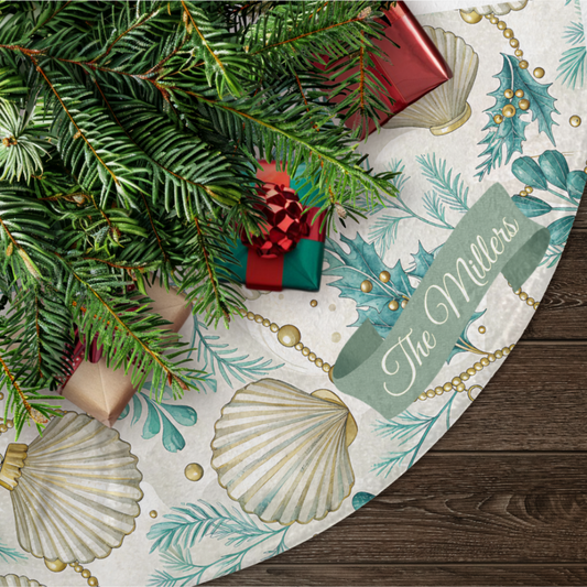 Personalized Coastal Seashell Christmas Tree Skirt – Elegant Beach Holiday Décor