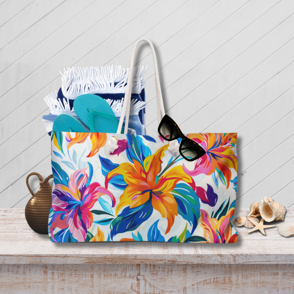 Colorful floral tote bag with sunglasses and flip-flops on a wooden surface.