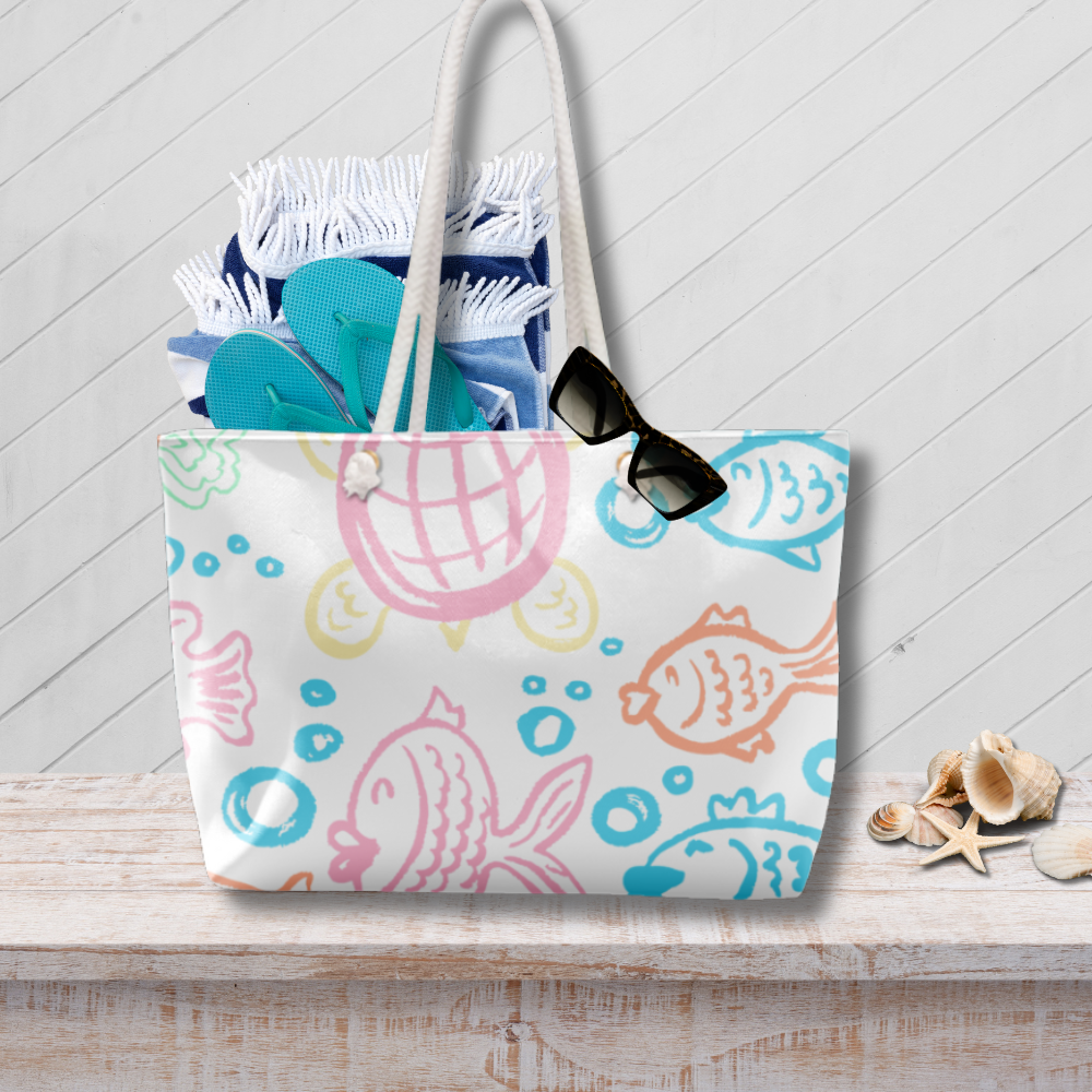 Tote bag with fish pattern on a wooden surface