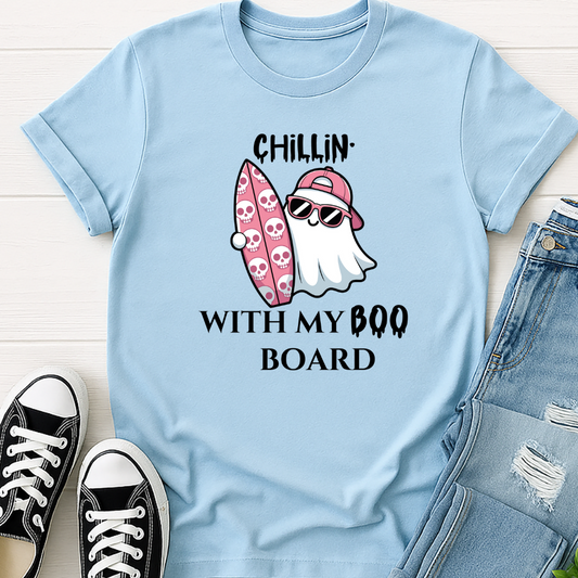 Funny Halloween surf tee featuring ghost and “Chillin’ With My Boo Board” slogan