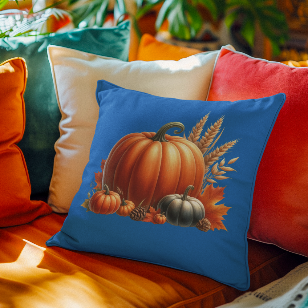 Decorative pillow with pumpkins on a colorful couch