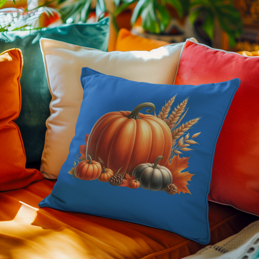 Decorative pillow with pumpkins on a colorful couch