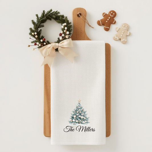 Christmas-themed kitchen towel with a tree design and 'The Millers' text, placed on a wooden cutting board with a wreath and gingerbread cookies.