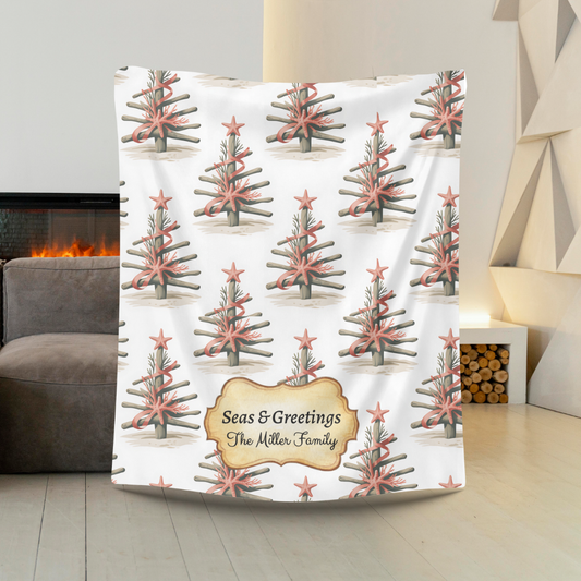 Personalized Coastal Christmas Blanket – “Seas & Greetings” Custom Family Name Beach Holiday Throw