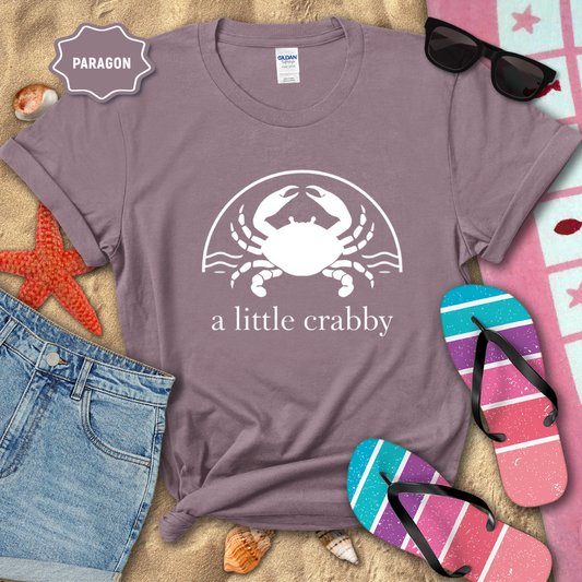 Purple t-shirt with a crab graphic and 'a little crabby' text, surrounded by beach items on sand.