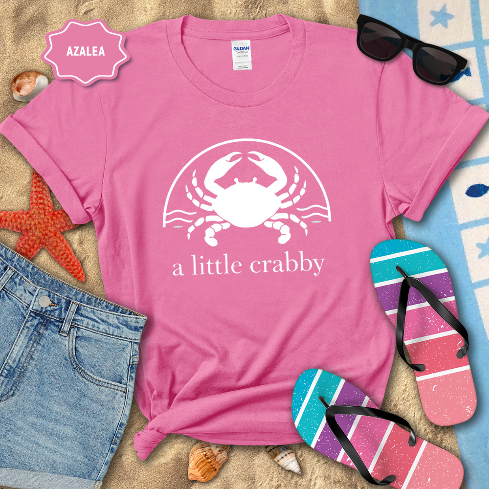 Pink t-shirt with crab graphic and 'a little crabby' text on a beach-themed background.