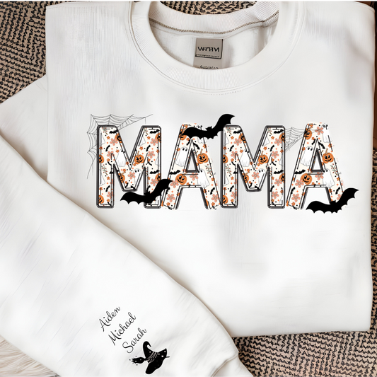 MAMA sweatshirt with spiderwebs, bats, and pumpkins

