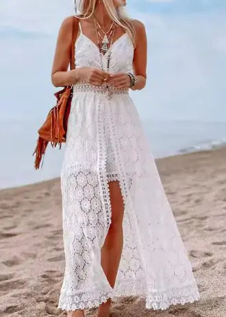 Beach vacation maxi dress with floral lace detailing