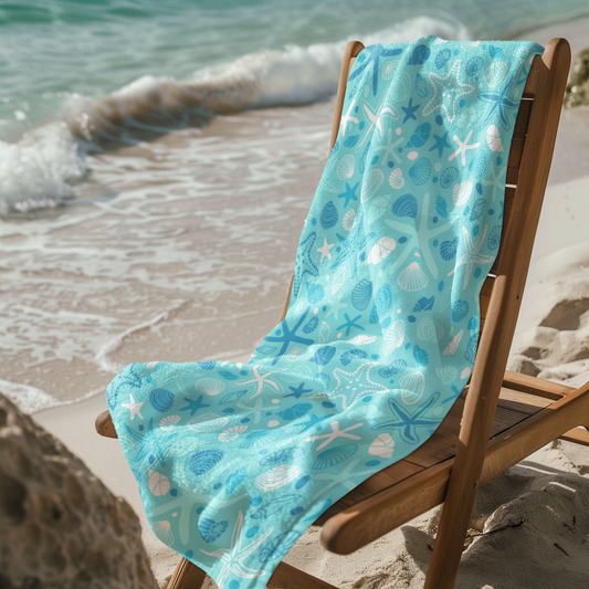 Aqua beach towel with starfish and seashell design on a wooden chair by the ocean
