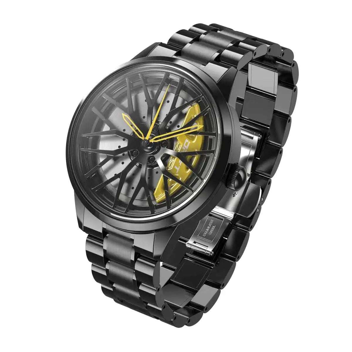 Racing-Inspired Watch Featuring Yellow Caliper Design and Steel Band