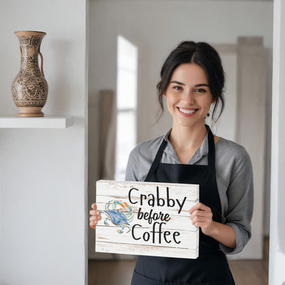 Crabby Before Coffee Sign | Coastal Kitchen Wall Art | Funny Beach House Décor