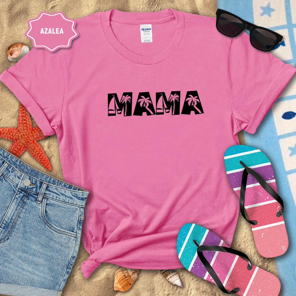 Pink t-shirt with 'MAMA' print on a beach-themed background with sunglasses, flip-flops, and denim shorts.