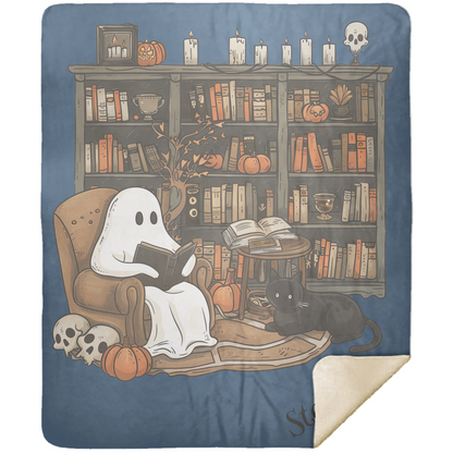 Ghost reading a book with a cat on a cozy reading nook blanket