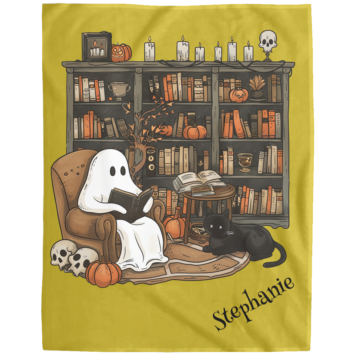 Ghost reading a book with a black cat on a bookshelf with Halloween decorations, featuring the name 'Stephanie'.